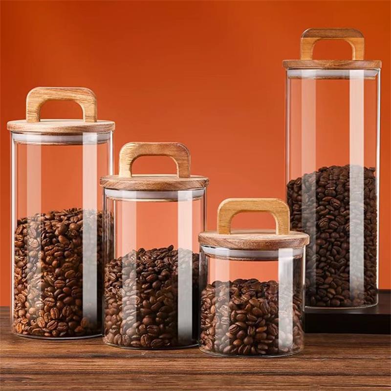 Tea Coffee Sugar Container - Przezroczysty szklany słoik z bambusową pokrywką
